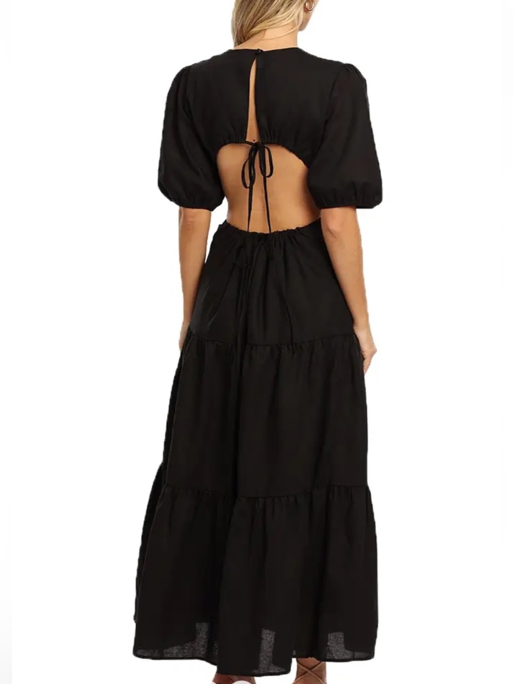 Charlie Holiday Flores Linen Blend Black Puff Sleeve Backless Tiered Maxi Size 4 - Picture 2 of 8
